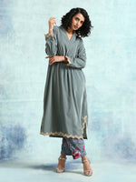 Thumbnail for trueBrowns Grey Velvet Lace Kurta Pant Set - Distacart