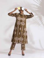 Thumbnail for trueBrowns Olive Green Cotton Stripe Print Shirt Kurta Set