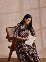 Thumbnail for trueBrowns Black Floral Bagru Print Cotton Flared Kurta Pant Set - Distacart