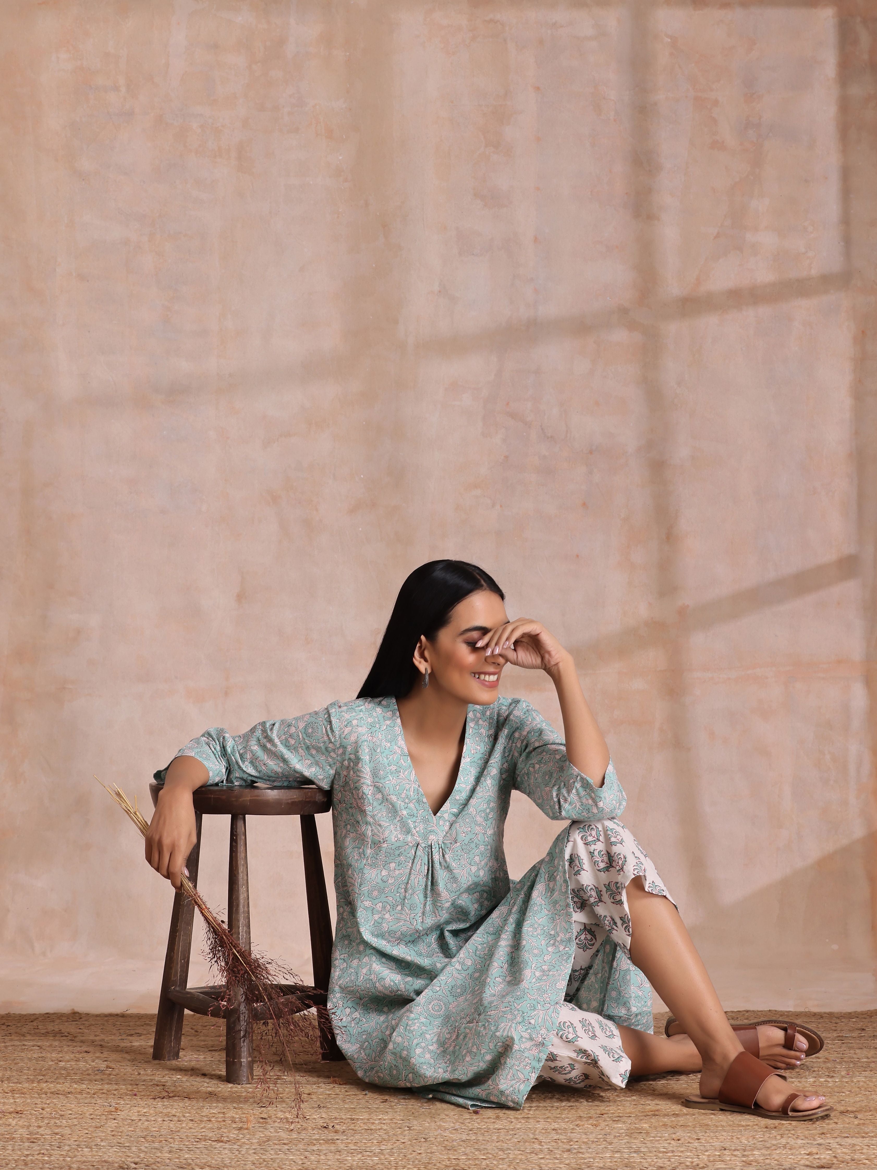 trueBrowns Tiffany Blue Floral Block Print Cotton Front Neck Gathered Kurta Pant Set - Distacart