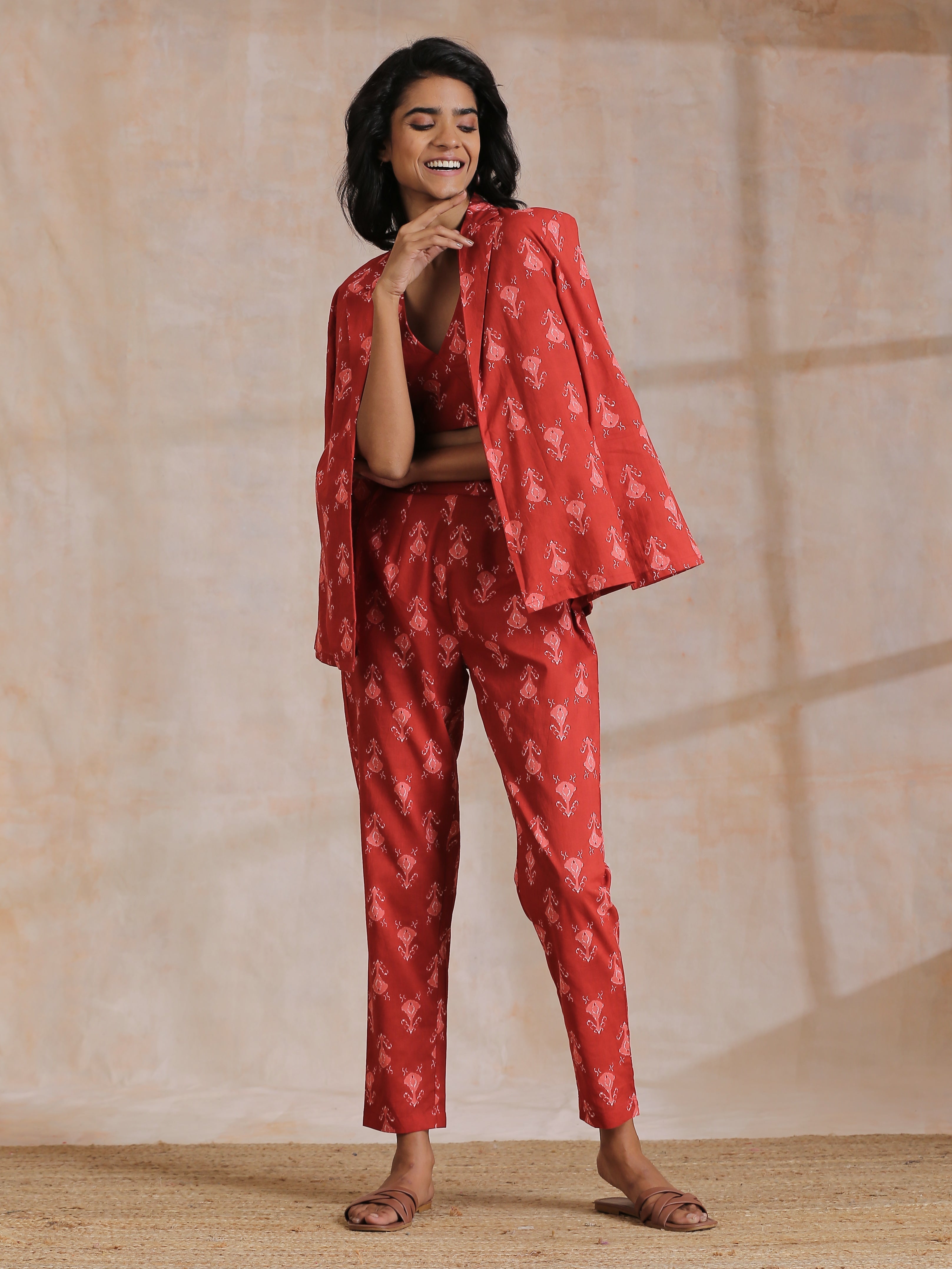 trueBrowns Red On Red Ikat Print Cotton Pant Suit Set - Distacart