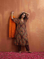 Thumbnail for trueBrowns Brown Floral Print Kaftan Kurta Set - Distacart