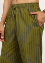 Thumbnail for Fabmade Olive Stripe Linen Kurta Set - Distacart