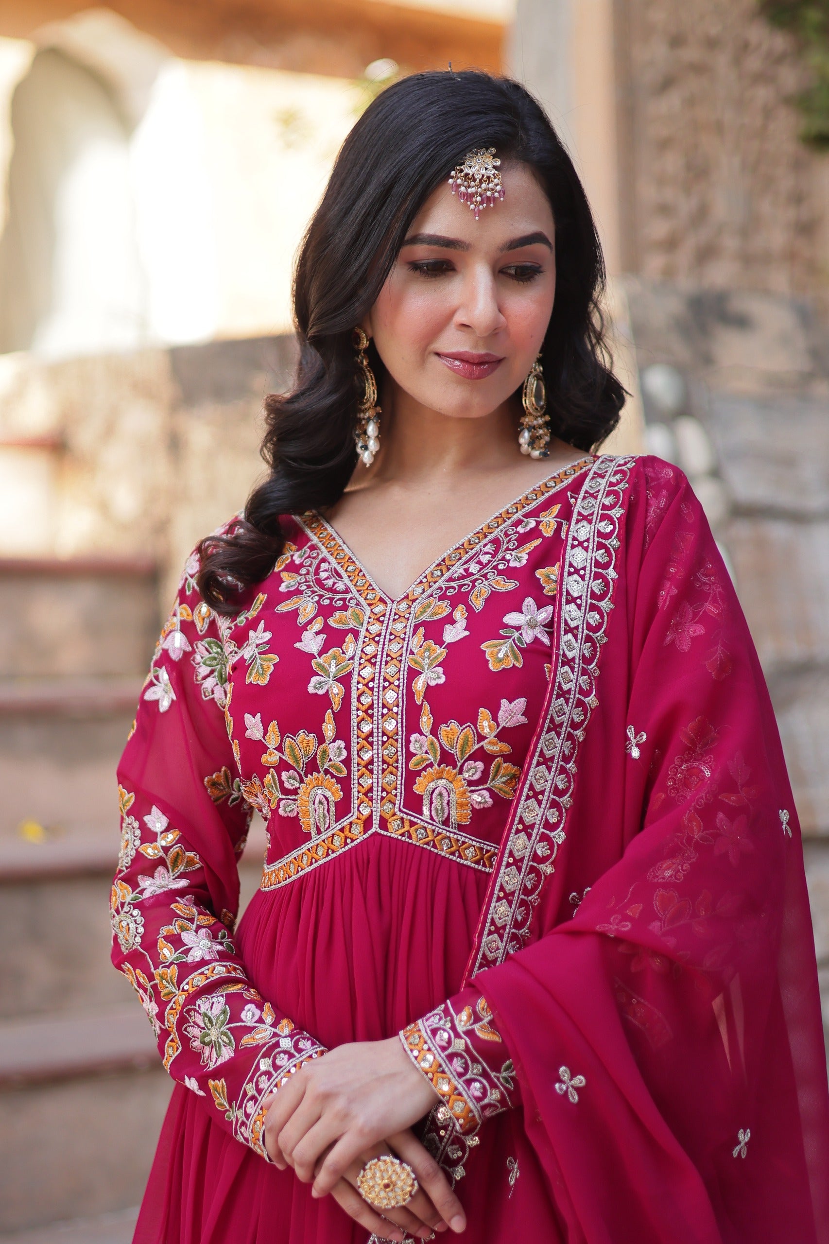 Anaita Red Georgette Readymade Anarkali Suit with Zari & Sequence Work - Dista