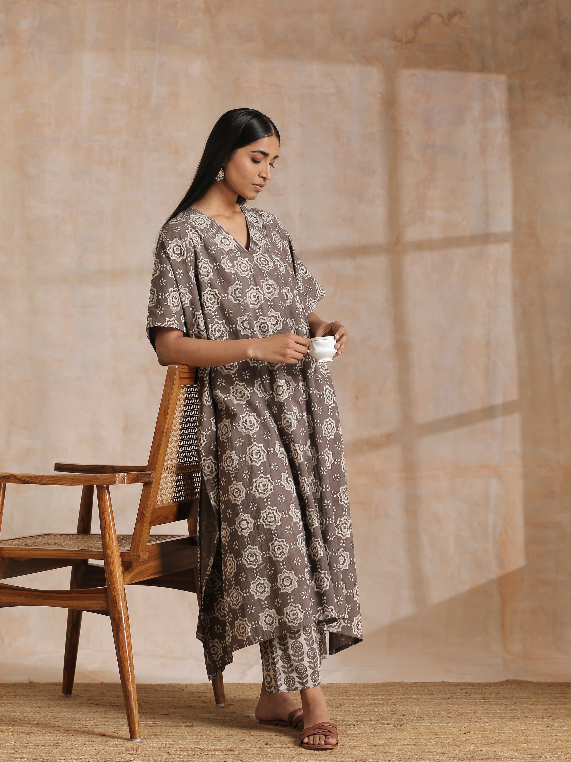 trueBrowns Clay Dabu Overall Print Cotton Panel Kaftan Kurta Pant Set - Distacart