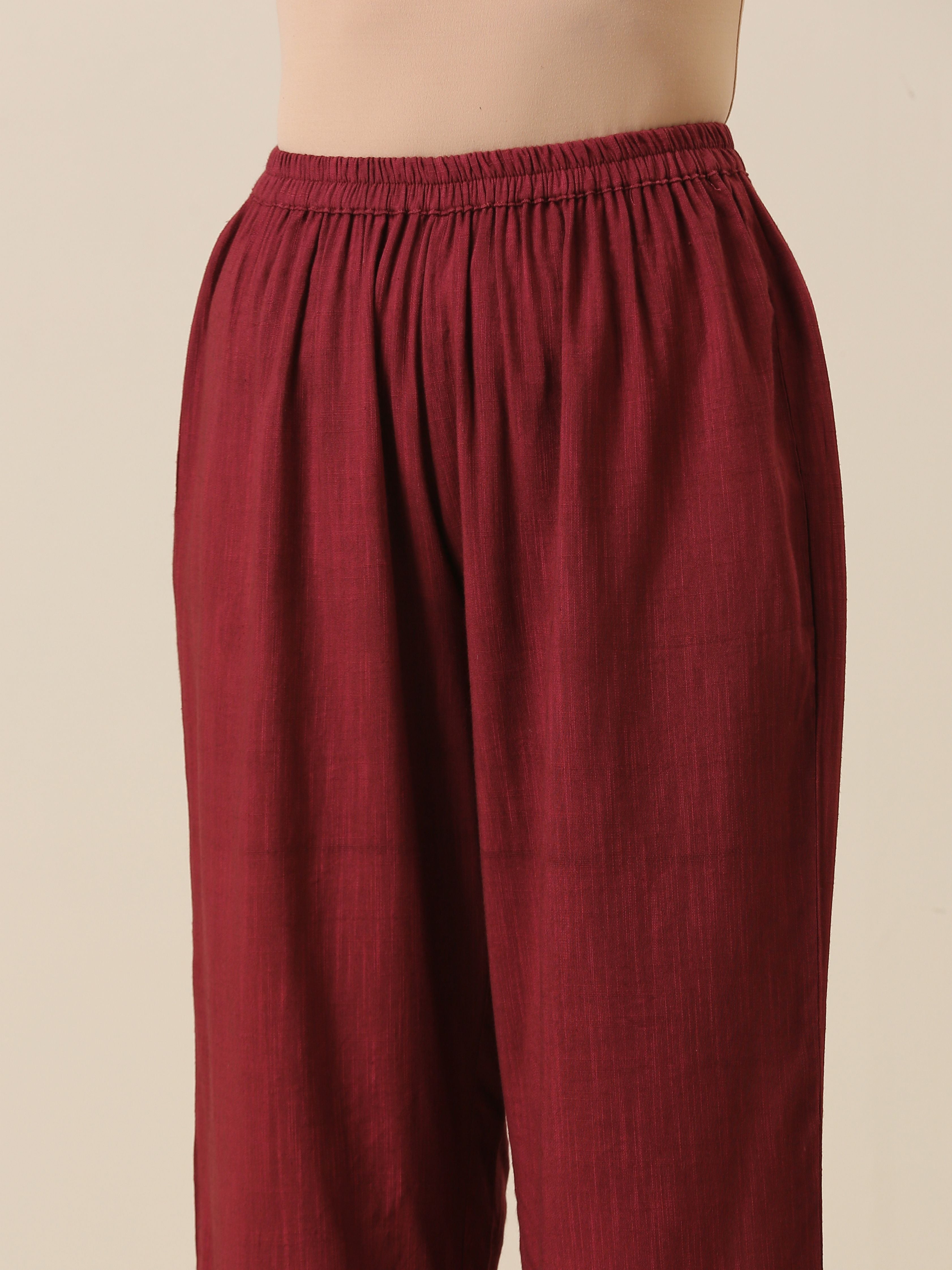 trueBrowns Ruby Wine Slub Texture Back Pleat Kurta Pant Set - Distacart
