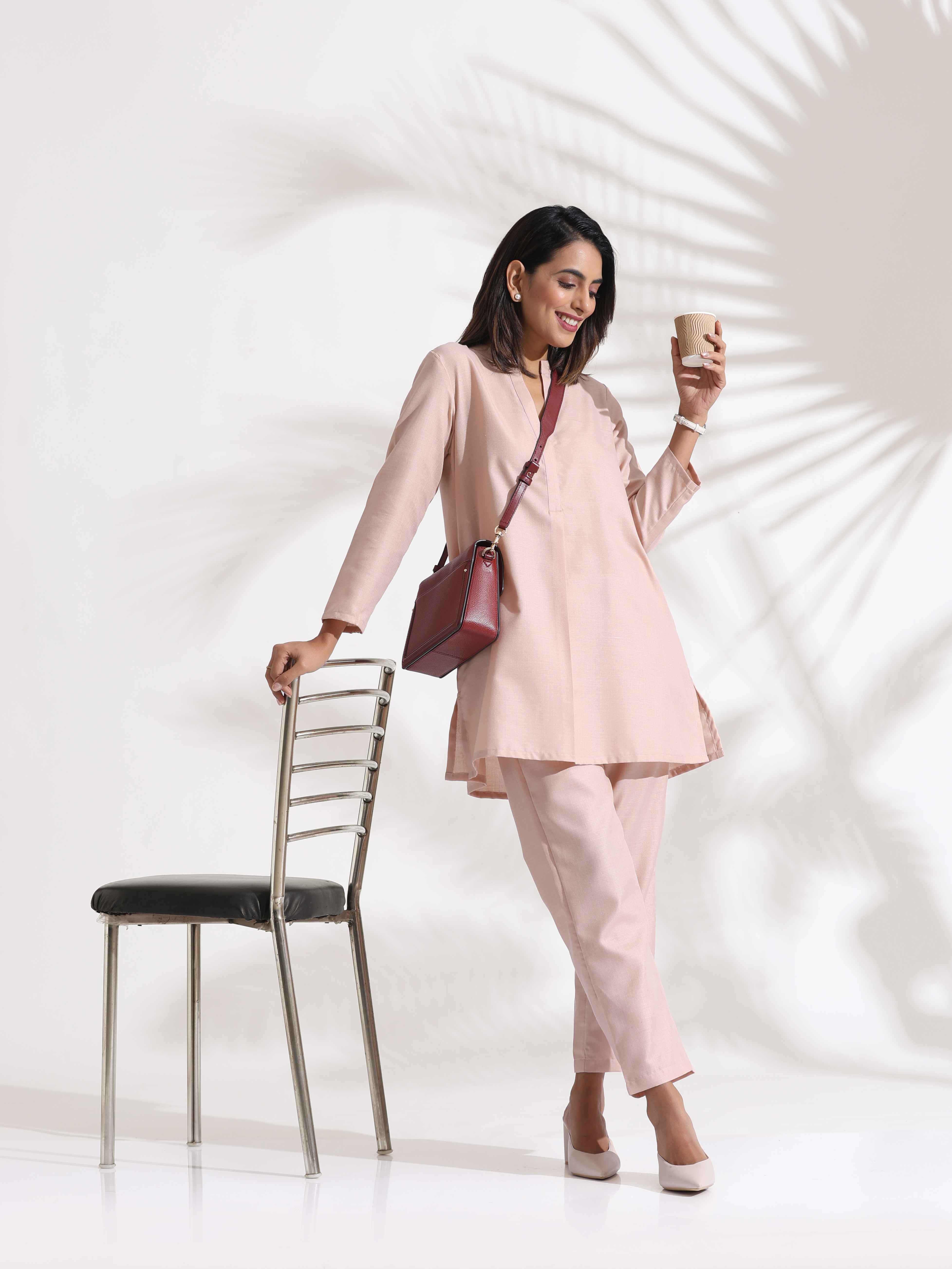 trueBrowns Light Pink Slub Co-ord Set