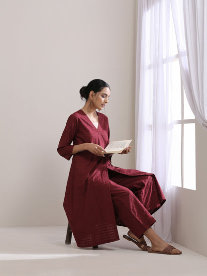 trueBrowns Ruby Wine Dobby Angrakha Pant Set - Distacart