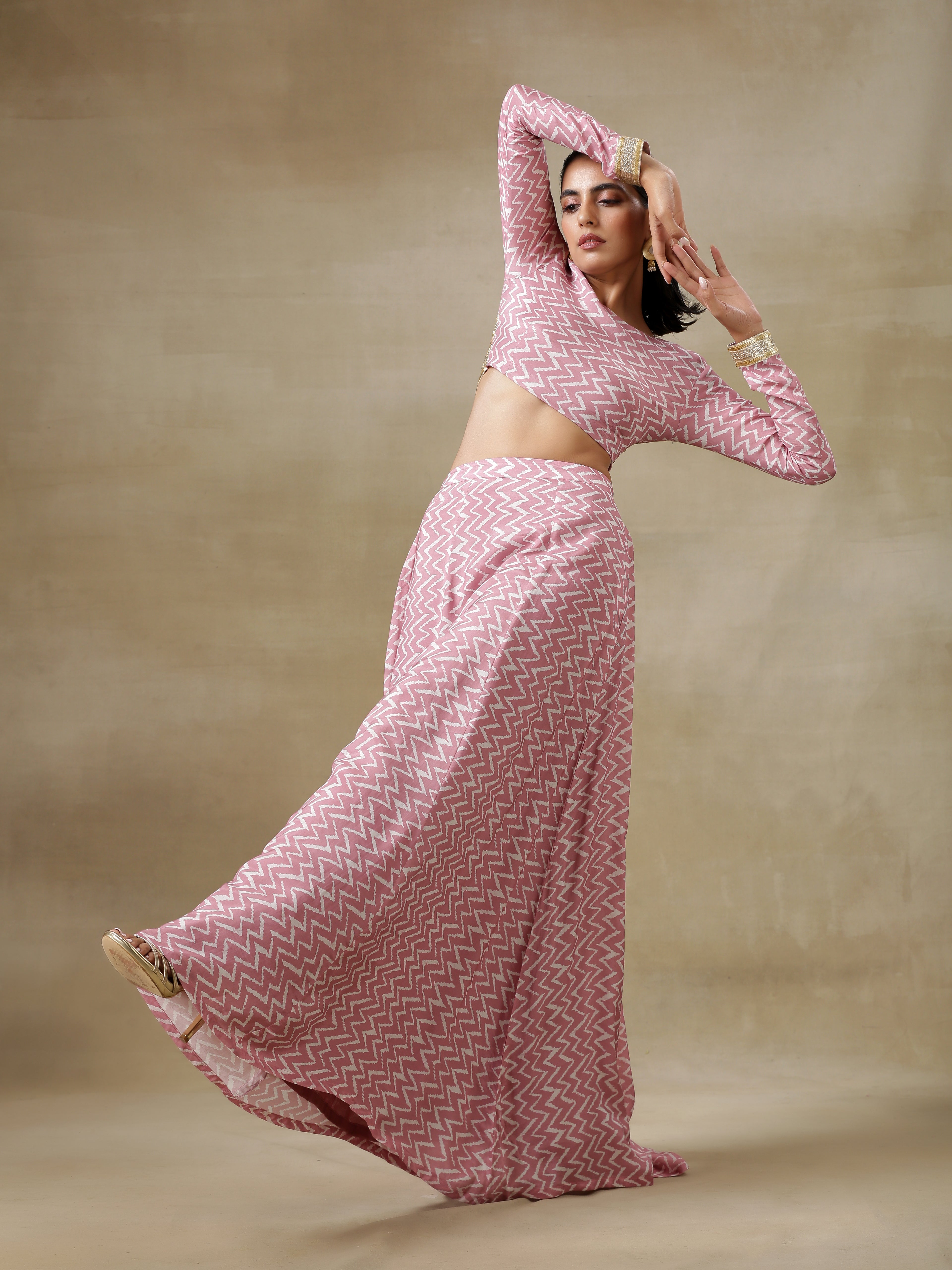 trueBrowns Light Mauve Bandhani Printed Silk Top Skirt Set - Distacart