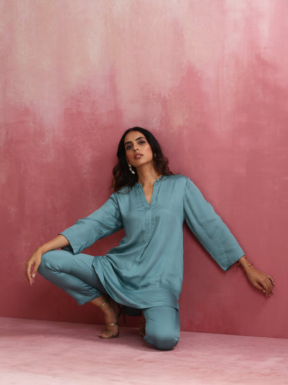 trueBrowns Light Blue Modal Straight Kurta Co-ord Set - Distacart