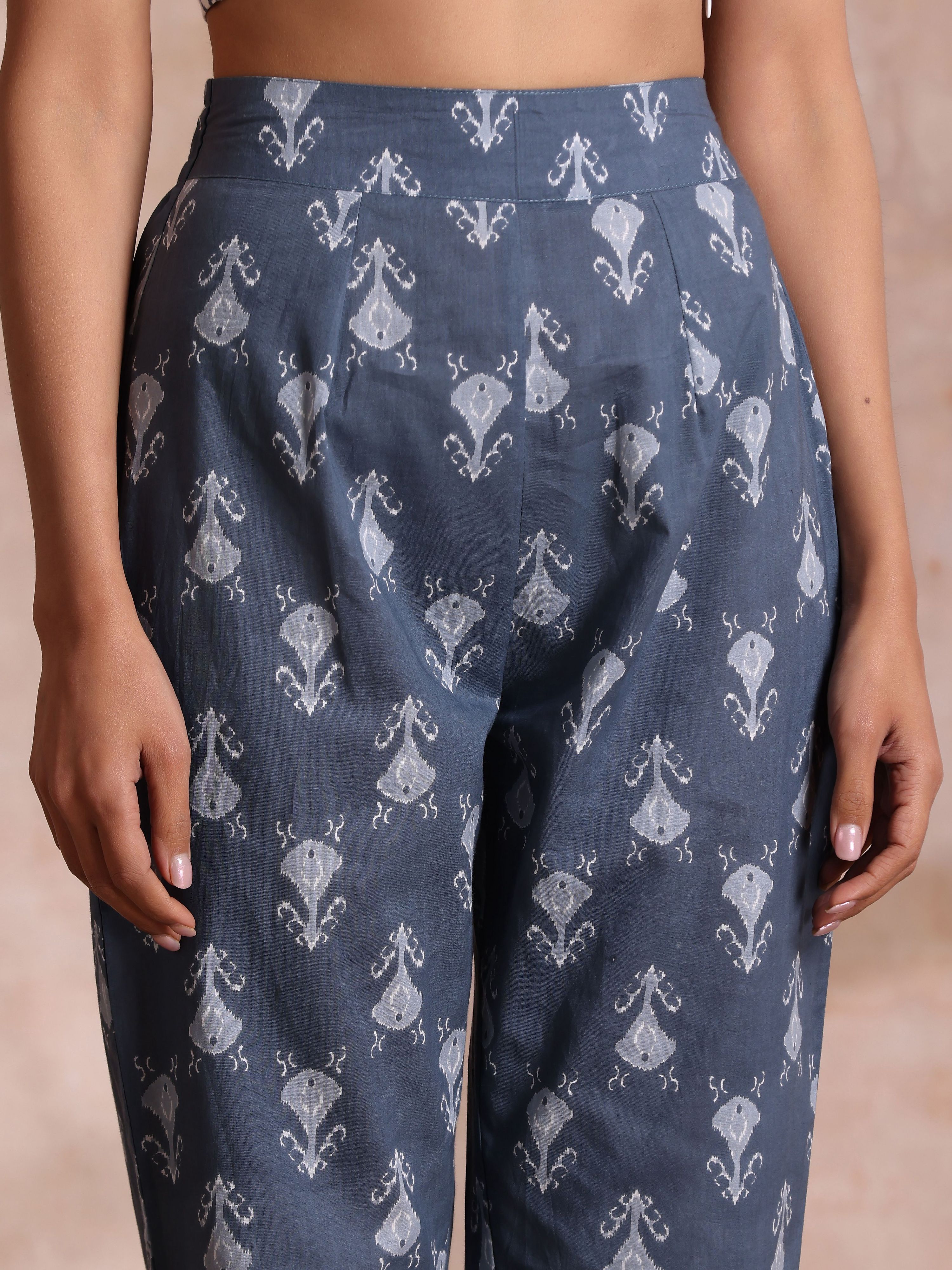 trueBrowns Grey On Grey Ikat Print Cotton Pant Suit Set - Distacart
