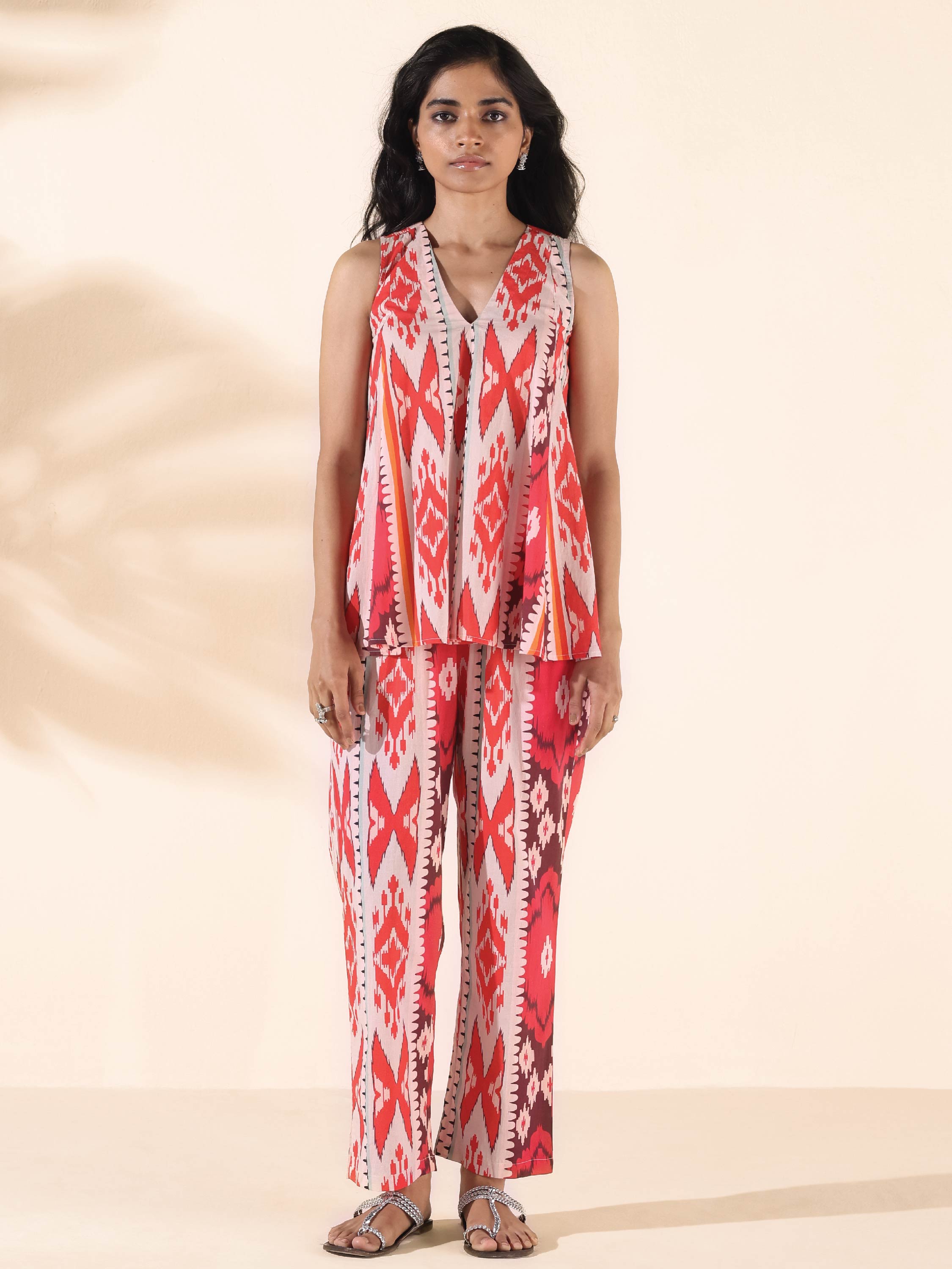 trueBrowns Maroon Cotton Ikat Flared Co-ord Set - Distacart
