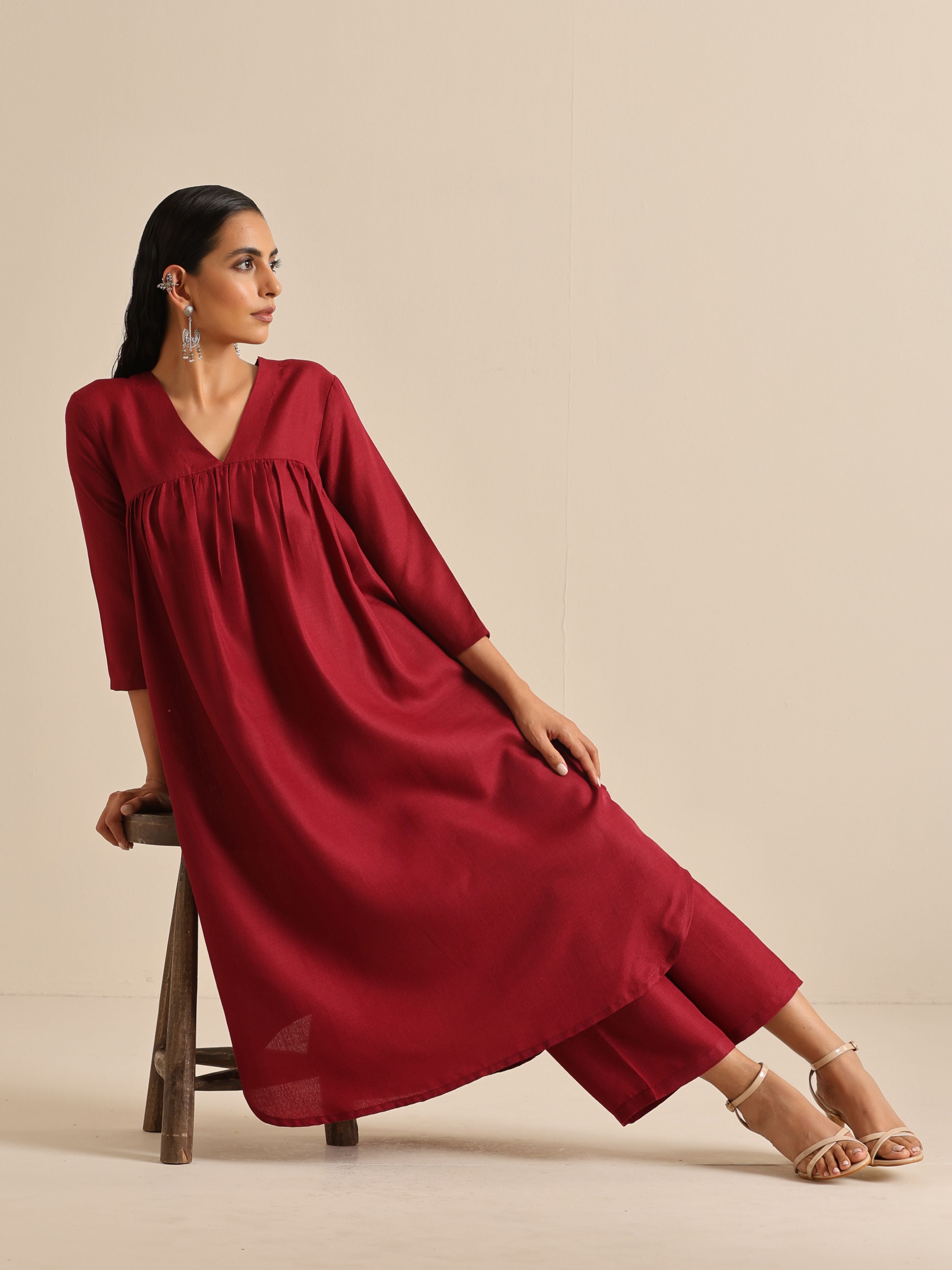 trueBrowns Maroon Slub Gathered Kurta Pant Set - Distacart