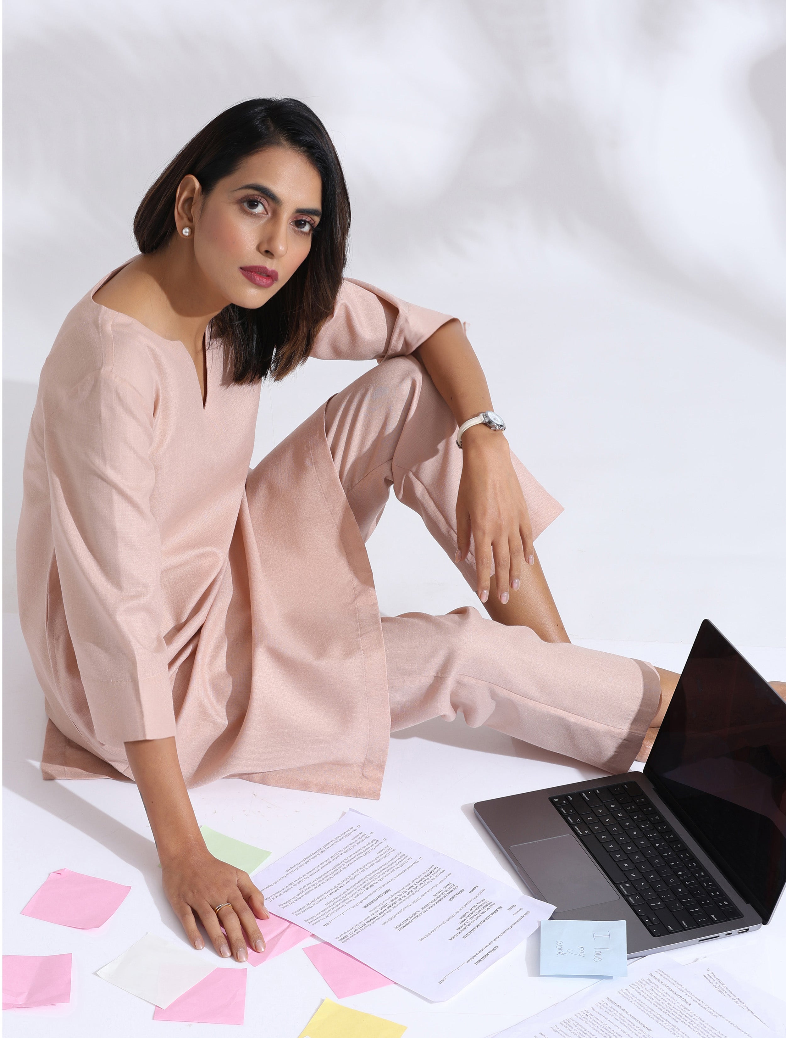 trueBrowns Light Pink Slub Kurta Co-ord Set