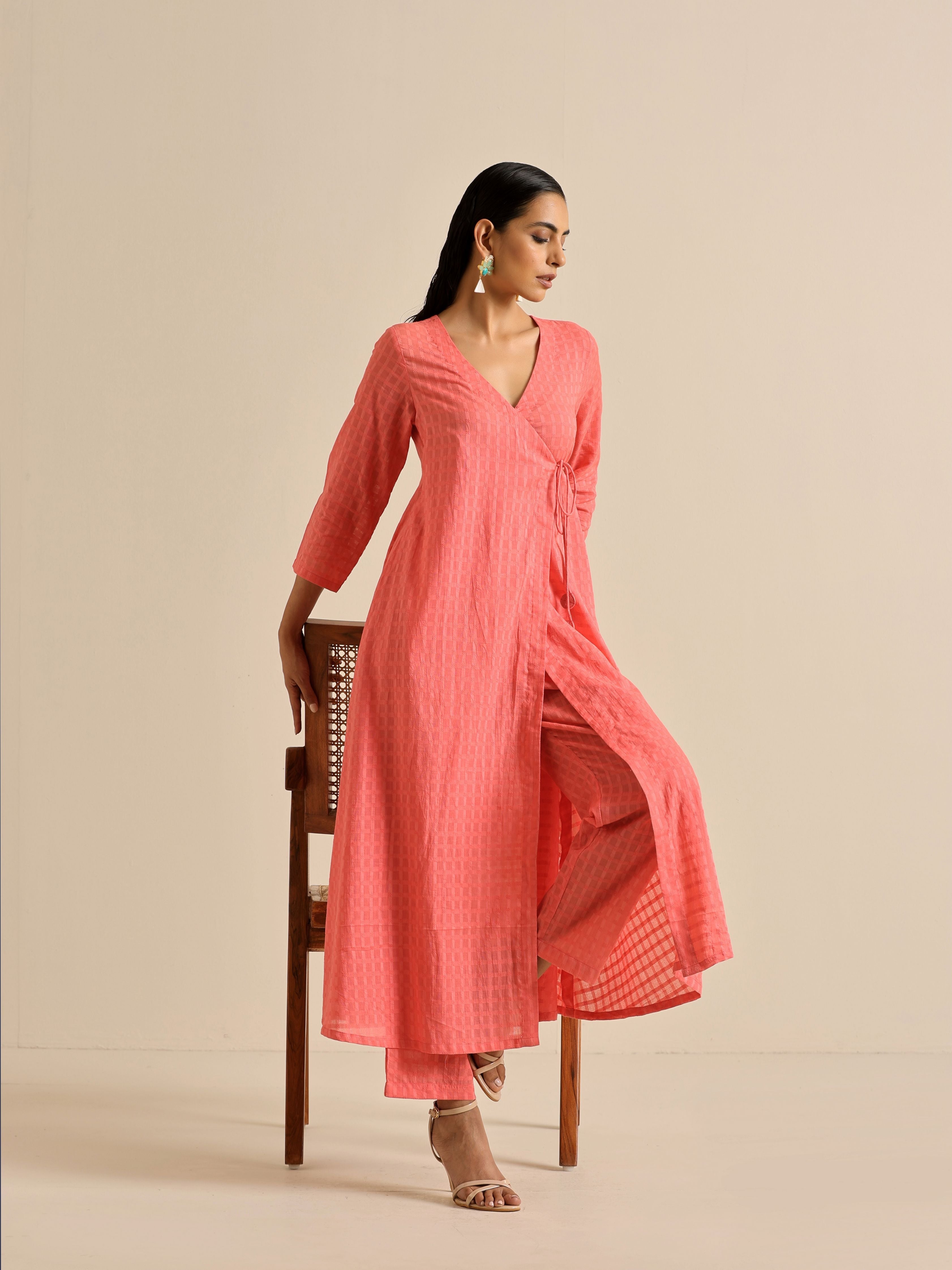 trueBrowns Bright Pink Dobby Angrakha Kurta Pant Set - Distacart