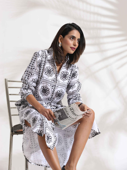 trueBrowns White Cotton Print Shirt Dress - Distacart