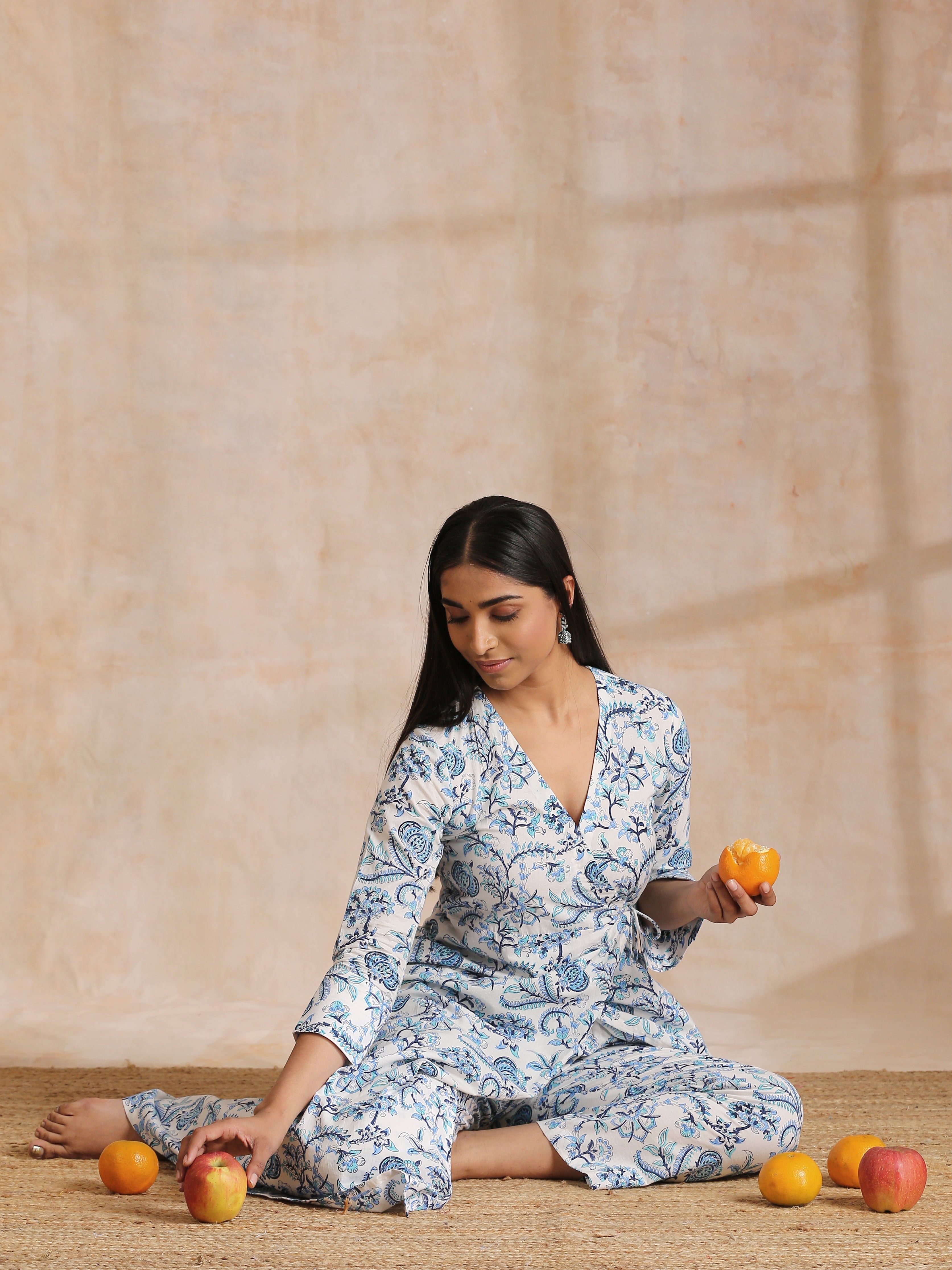 trueBrowns White With Overall Blue Print Cotton Angrakha Kurta Pant Set - Distacart