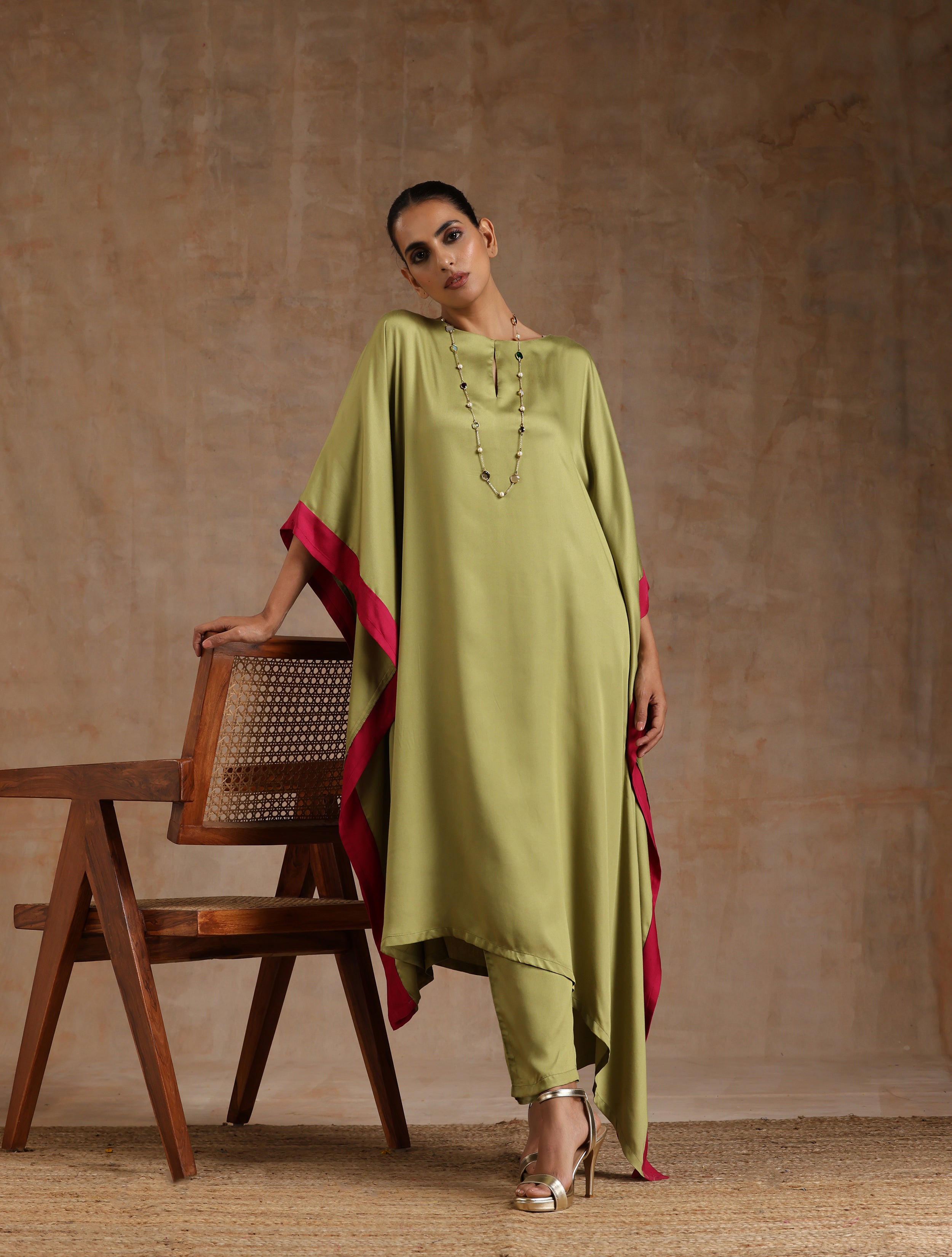 trueBrowns Light Green Modal Satin High-Low Kaftan Kurta Set - Distacart