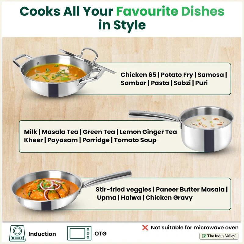 The Indus Valley TurboCuk Tri-ply Stainless Steel Cookware Set: 24cm Kadai with Lid + 22cm Fry Pan + 16cm Sauce pan, Premium Quality, 3 Layer Thick Body, 100% Toxin-free, Non-stick, Induction & Gas