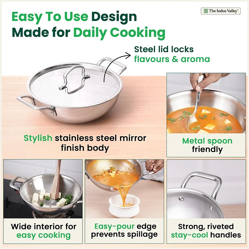 The Indus Valley TurboCuk Tri-ply Stainless Steel Kadai+ Steel Lid, Premium Quality, 3 Layer Thick Body, 100% Toxin-free, Non-stick, Induction & Gas, 3L/3.5L/3.9L/4.5L