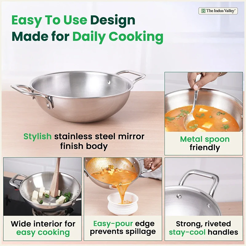 The Indus Valley TurboCuk Tri-ply Stainless Steel Kadai, Premium Quality, 3 Layer Thick Body, 100% Toxin-free, Non-stick, Induction & Gas, Free ₹110 Spatula, 1.7/2.7/3.5L - Distacart