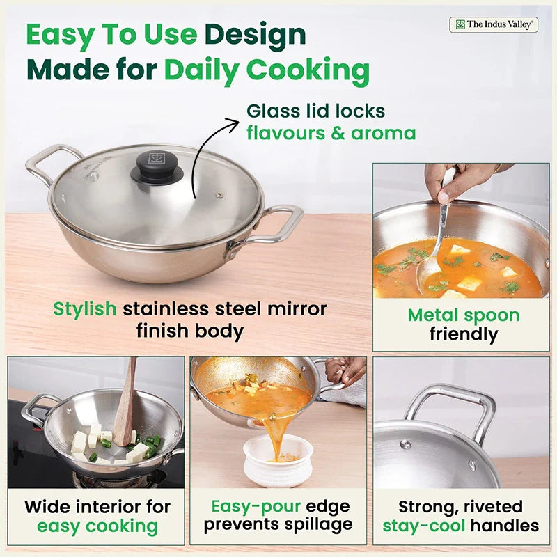 The Indus Valley TurboCuk Tri-ply Stainless Steel Kadai+ Glass Lid, Premium Quality, 3 Layer Thick Body, 100% Toxin-free, Non-stick, Induction & Gas, 1.7/2.7/3.5L