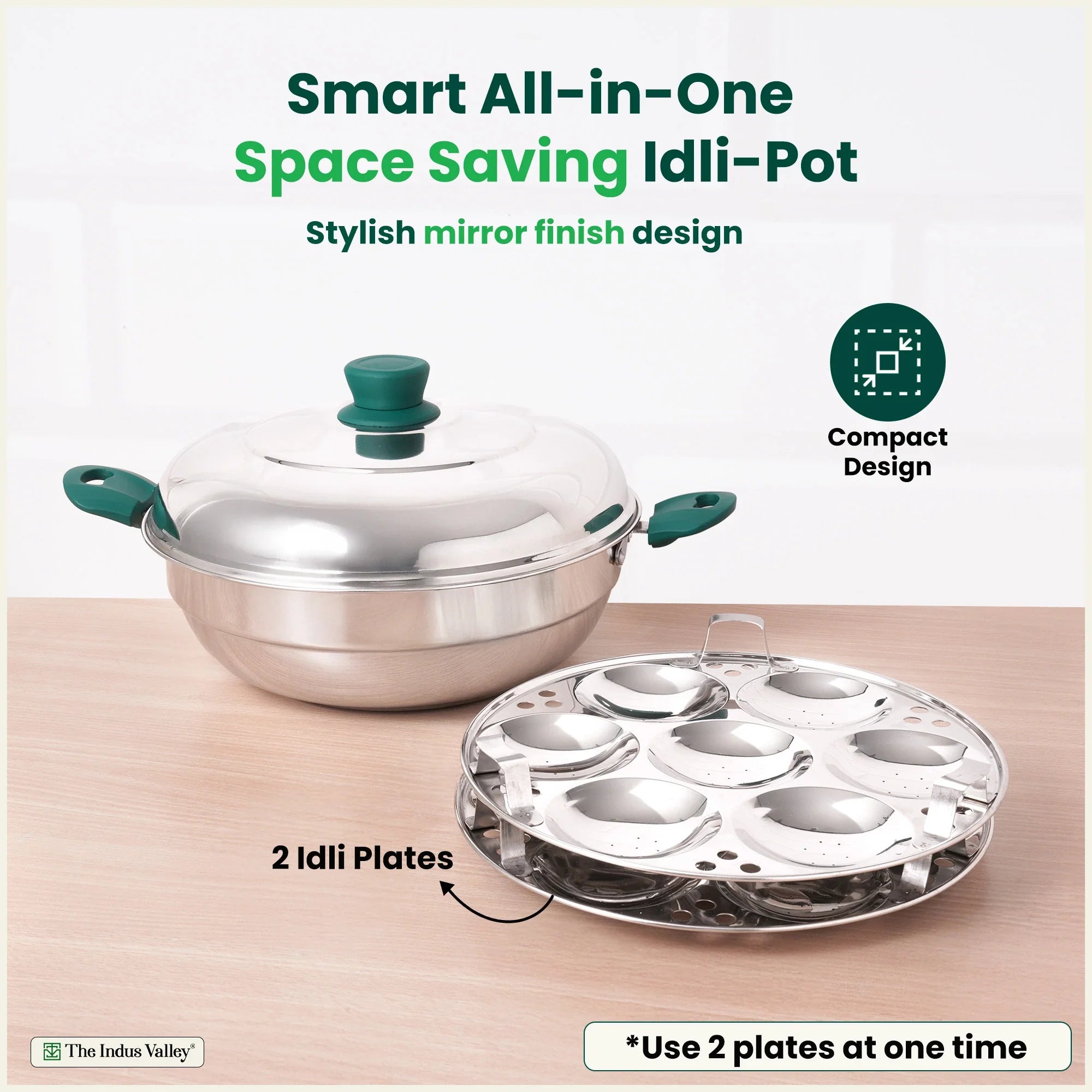 The Indus Valley 14 Pit Tri-Steel Multi Pot Premium Stainless Steel Idli/ Momo Maker/  Veg Steaming Set, Tri-ply Induction Bottom, 2 Plates, 27cm
