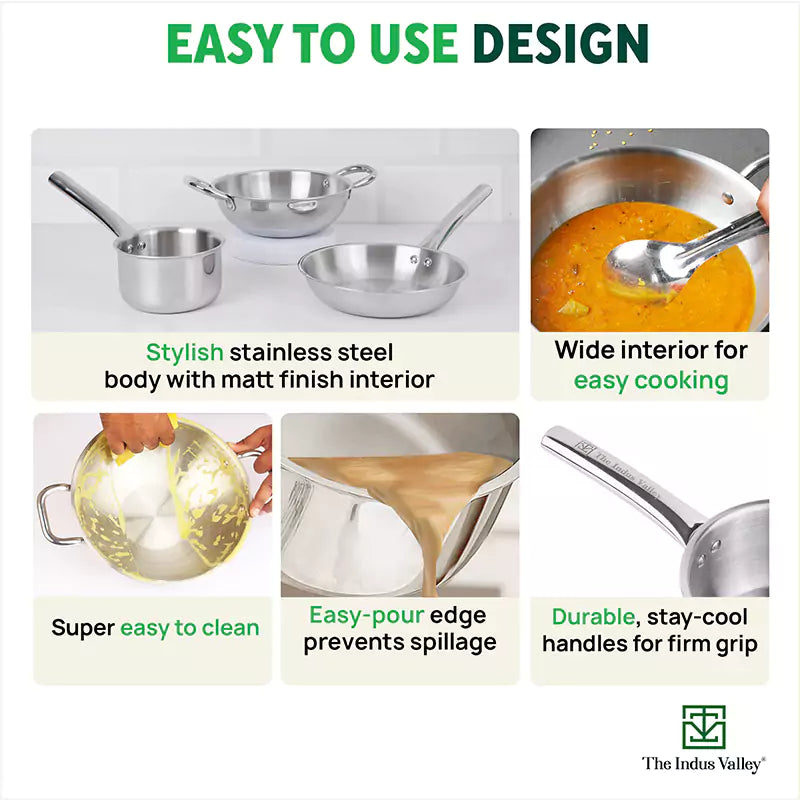 The Indus Valley TurboCuk Tri-ply Stainless Steel Cookware Set: 2.2L Kadai+ 1.4L Frypan+  1.2L Tea/Milk pan, Premium Quality, 3 Layer Thick Body, 100% Toxin-free, Non-stick, Induction & Gas