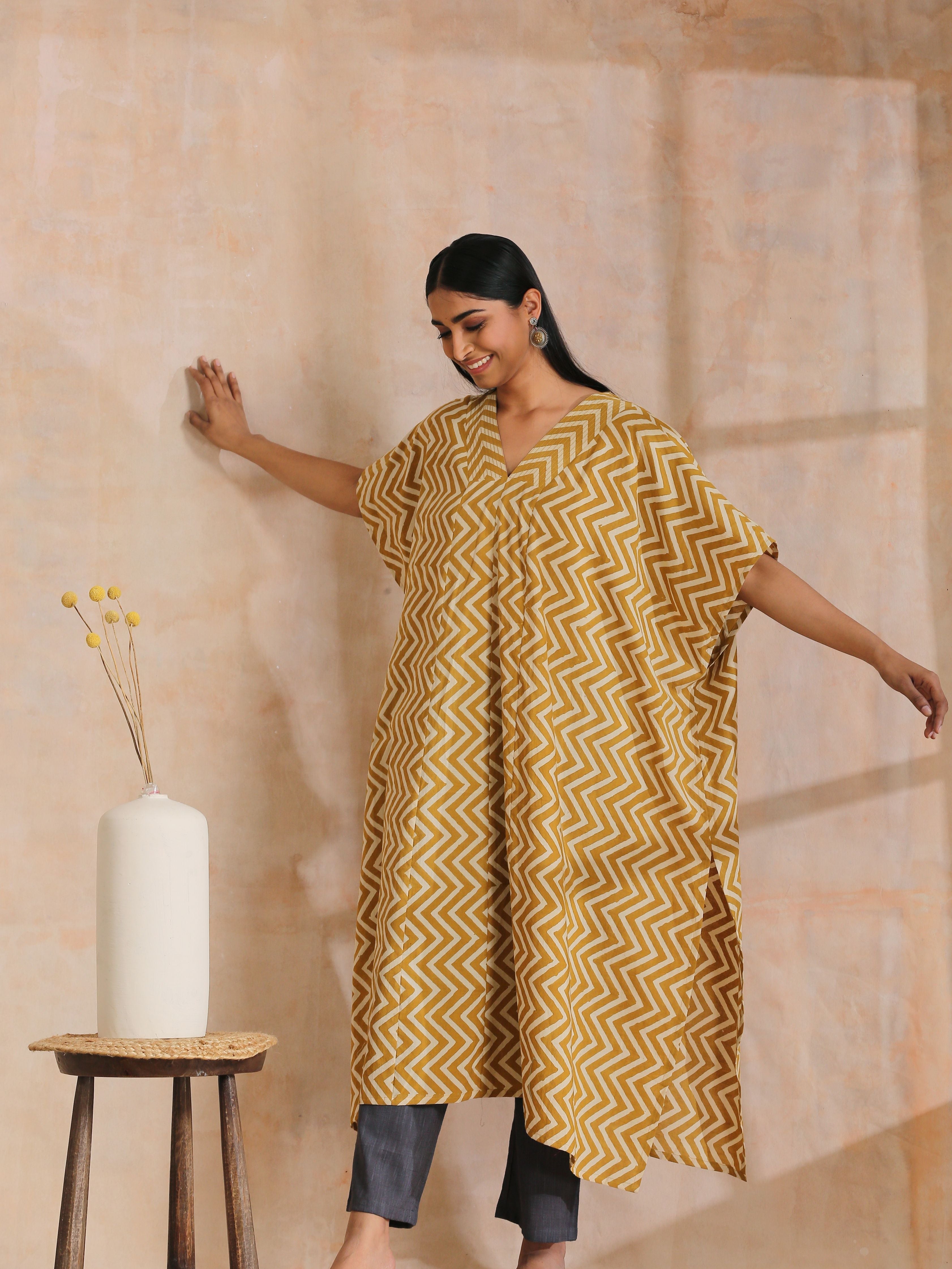 trueBrowns Mustard Dabu Zig-Zag Lines Print Cotton Panel Kaftan Kurta Pant Set - Distacart