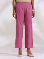 Thumbnail for trueBrowns Pink Cotton Floral Embroidered Flared Kurta Set