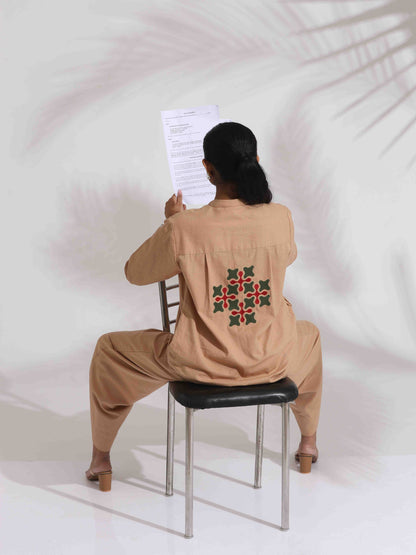 trueBrowns Beige Cotton Embroidered Shirt Top Co-ord Set - Distacart
