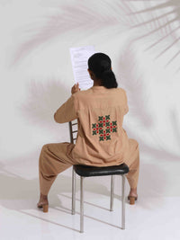 Thumbnail for trueBrowns Beige Cotton Embroidered Shirt Top Co-ord Set