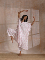 Thumbnail for trueBrowns Pink Big Buta On White Print Cotton Panel Kaftan Kurta Pant Set - Distacart