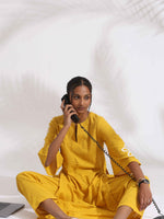 Thumbnail for trueBrowns Yellow Cotton Slub Embroidered Straight Kurta Set