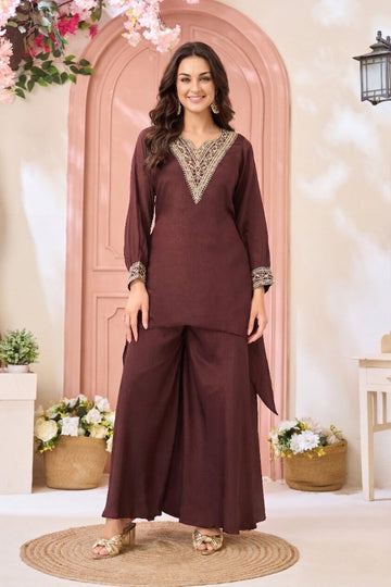 Anaita Coffee Readymade Suit with Coding Work - Dista