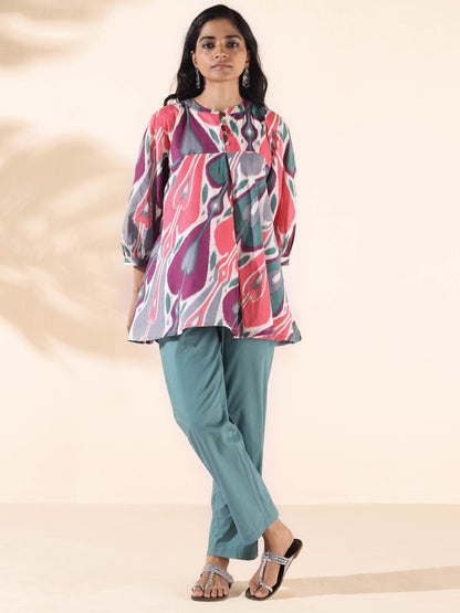 trueBrowns Green Cotton Ikat Flared Co-ord Set - Distacart