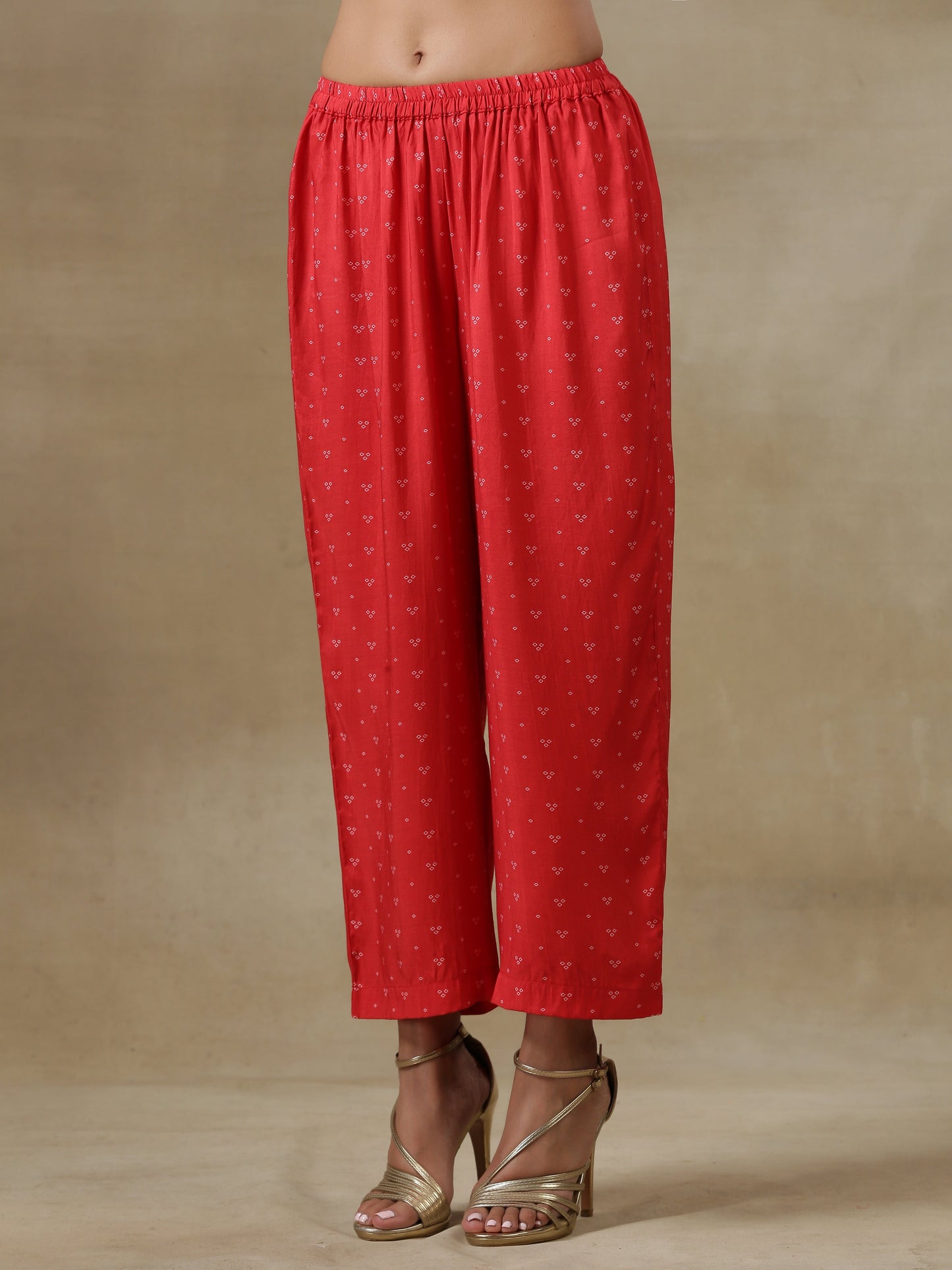 trueBrowns Red Bandhani Printed Silk Panel Kaftan Kurta Pant Set - Distacart