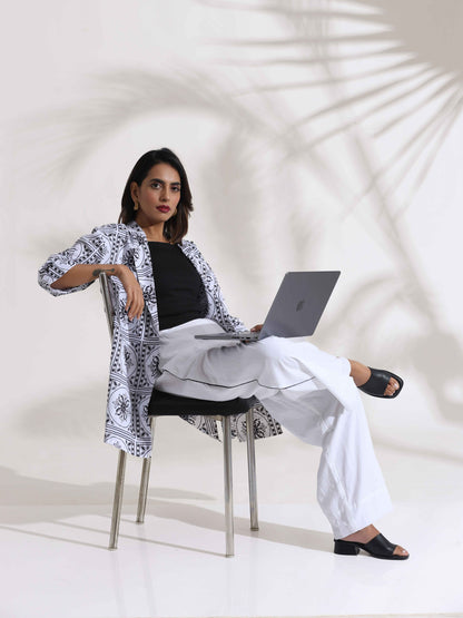 trueBrowns White Cotton Print Jacket Co-ord Set - Distacart