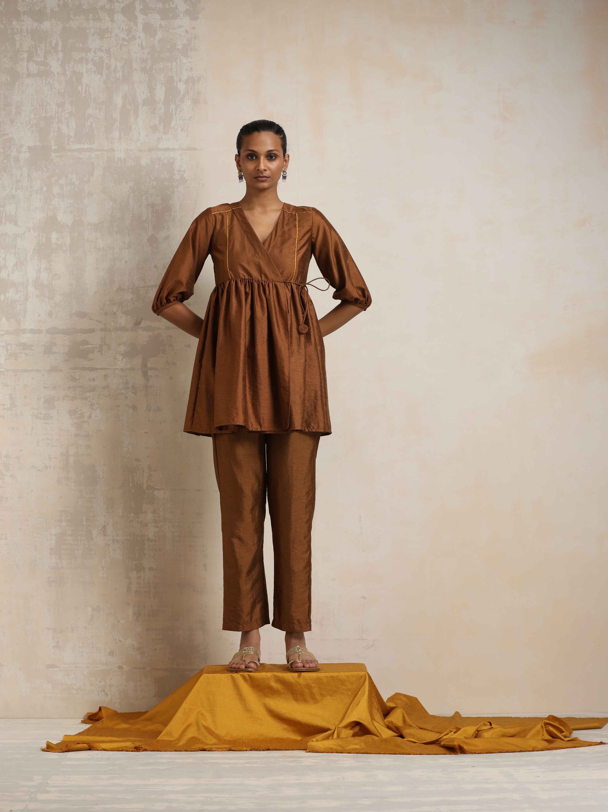 trueBrowns Brown Silk Angrakha Co-ord Set - Distacart