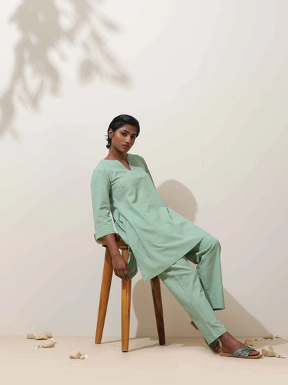 trueBrowns Mint Green Cotton Linen Kurta Co-Ord Set - Distacart