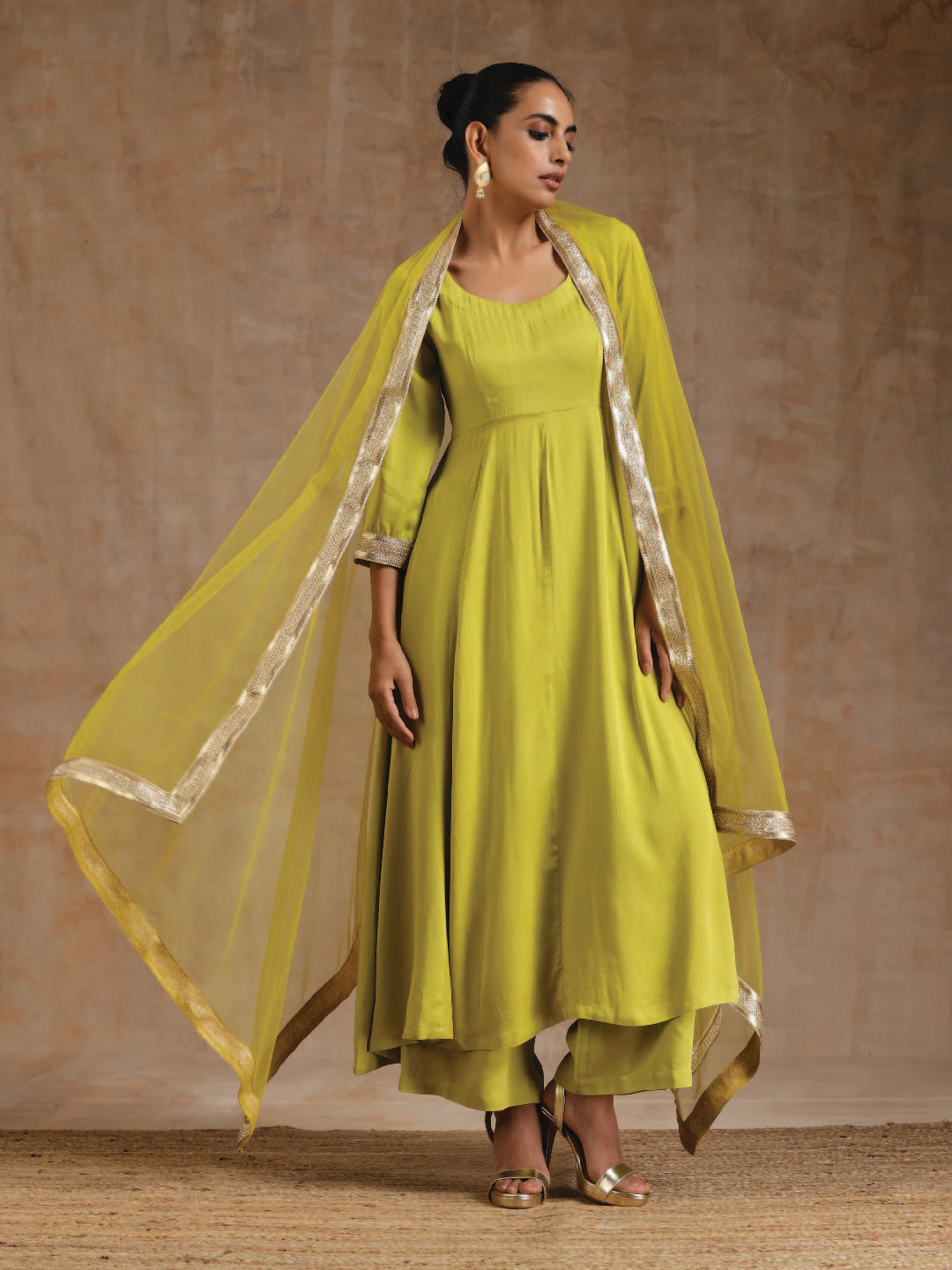 trueBrowns Lime Modal Satin Anarkali Set - Distacart