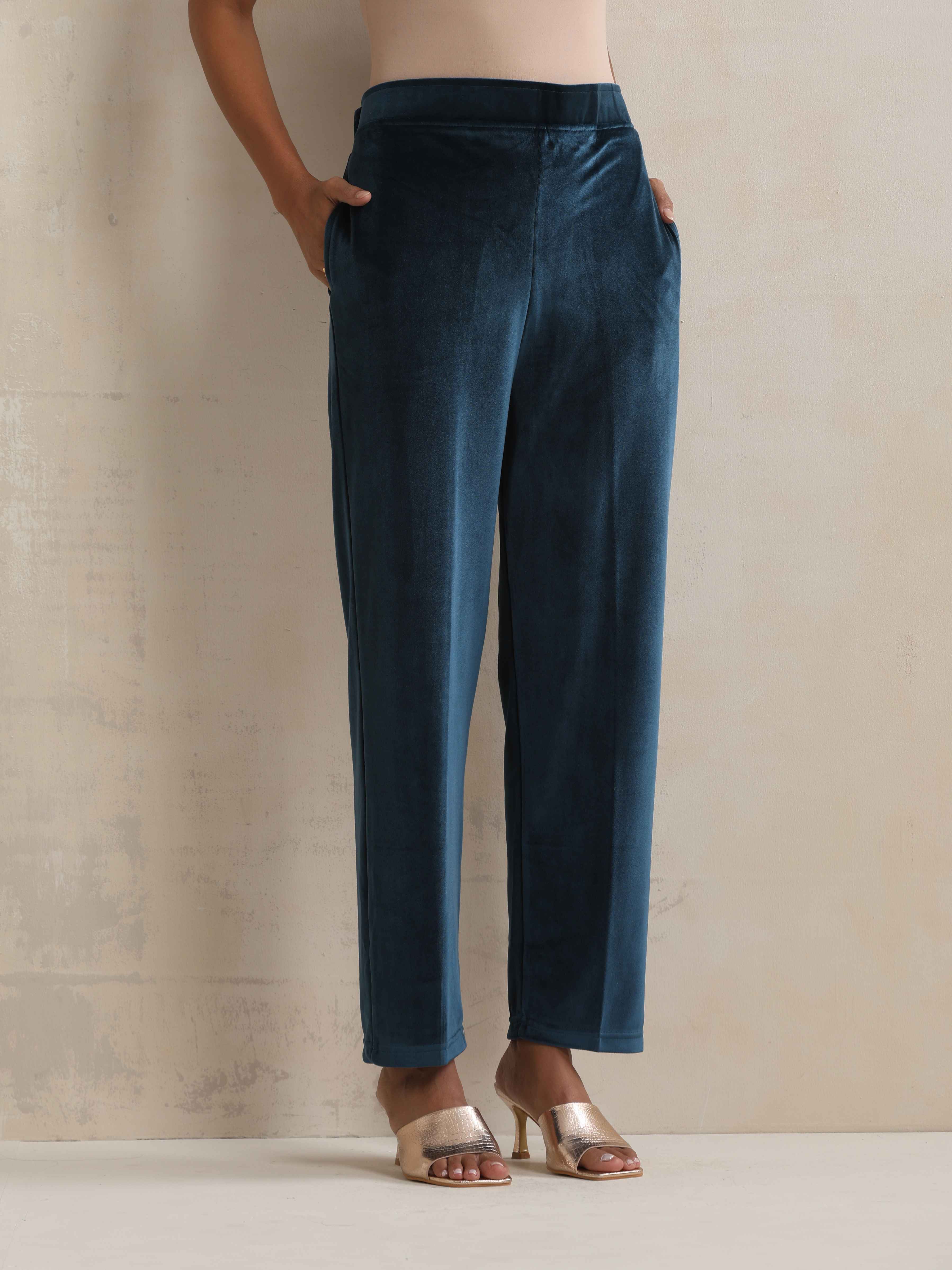 trueBrowns Blue Velvet Embroidered Kurta Pant Dupatta Set - Distacart