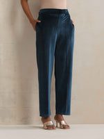 Thumbnail for trueBrowns Blue Velvet Embroidered Kurta Pant Dupatta Set - Distacart