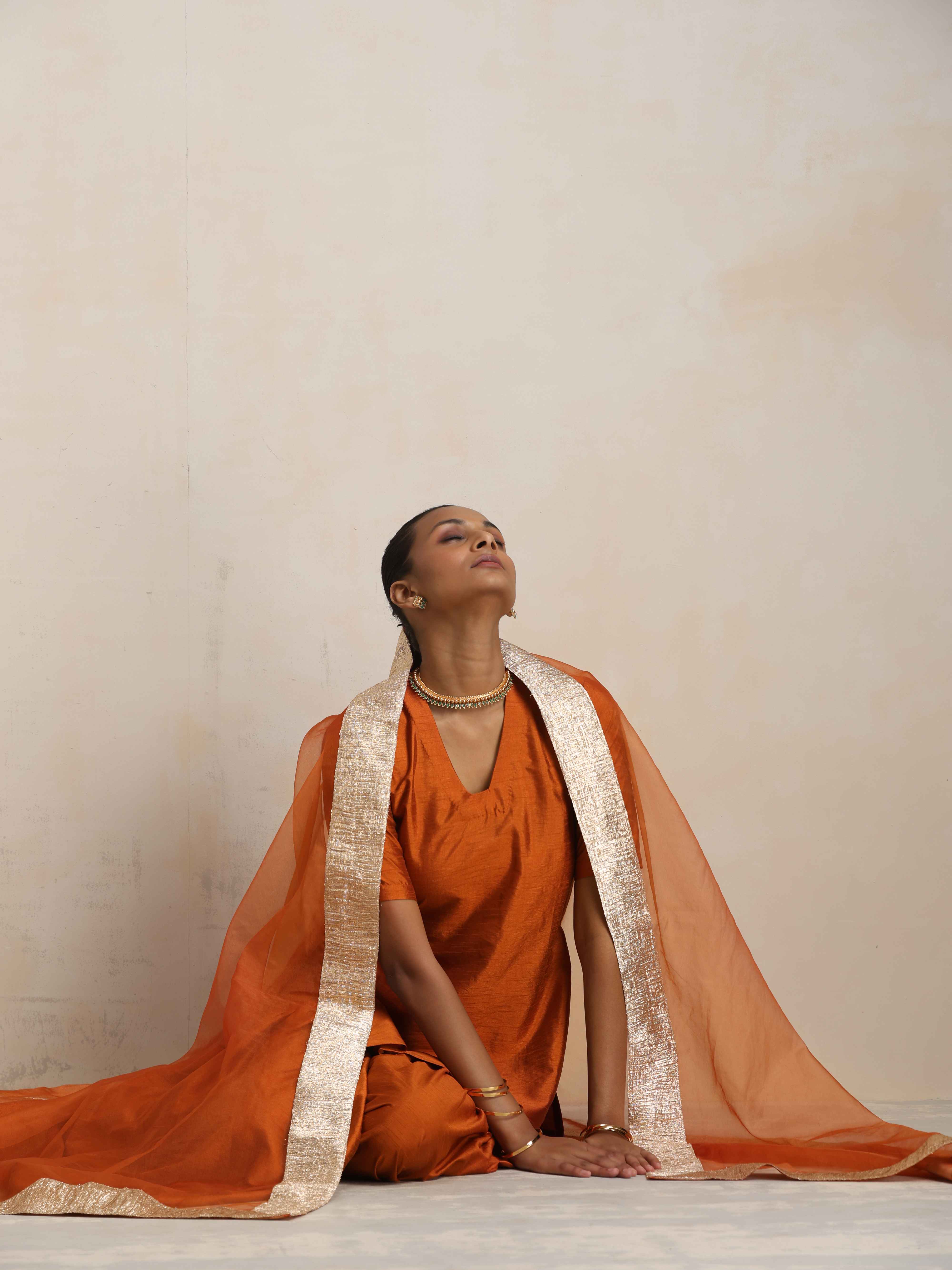 trueBrowns Orange Silk Sharara Dupatta Set - Distacart