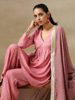 Thumbnail for trueBrowns Light Mauve Bandhani Printed Silk Flared Kurta Pant Dupatta Set - Distacart