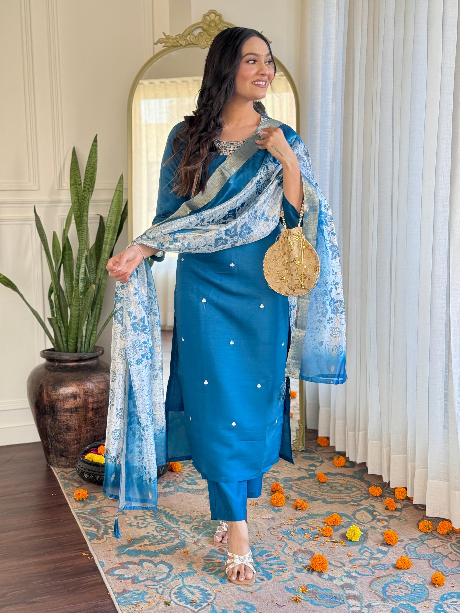 The52 Women's Beautiful Roman Silk Embroidered Straight Kurta with Pant And Dupatta Set