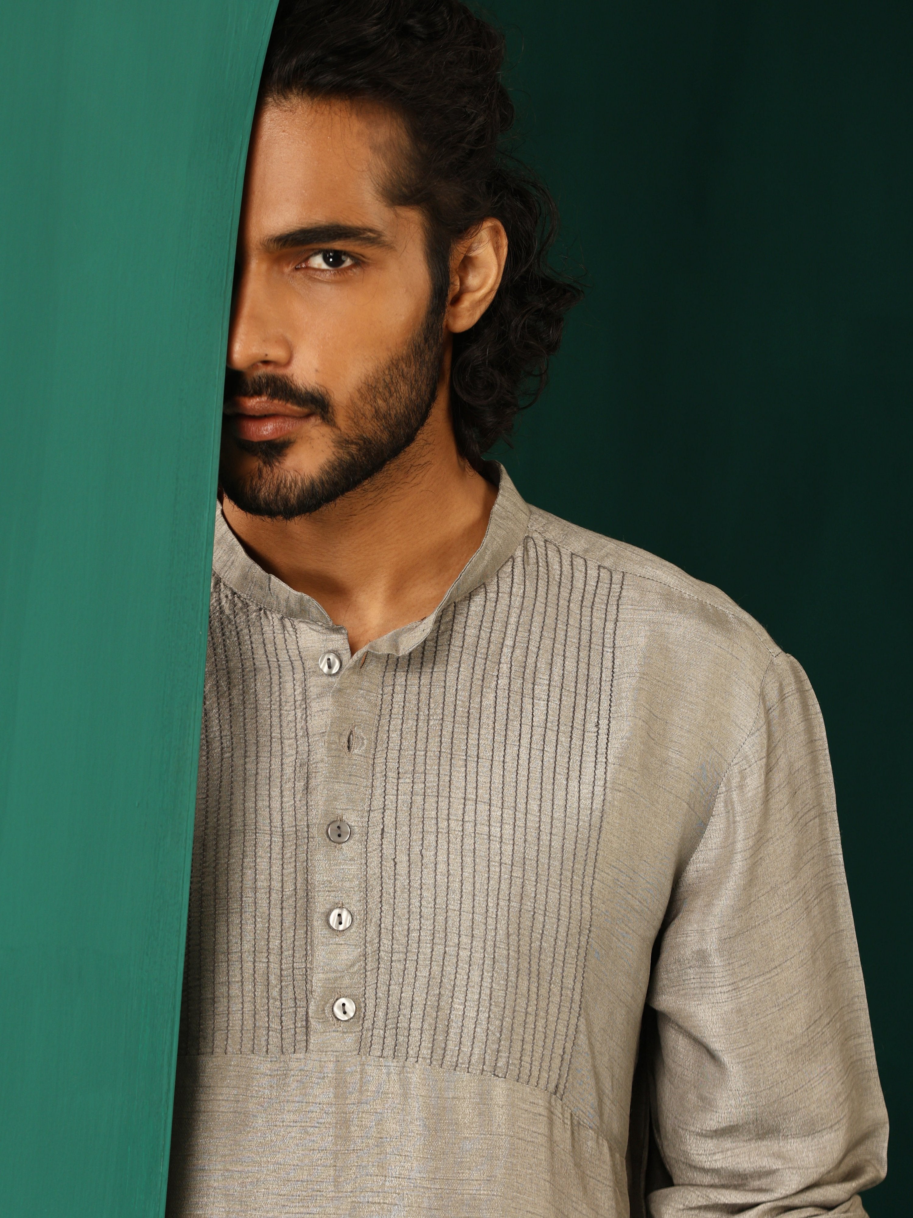 trueBrowns Men's Grey Silk Co-ord Set Yoke Detail - Distacart