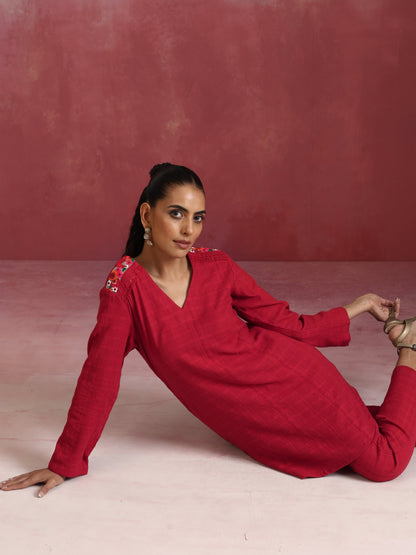 trueBrowns Red Cotton Dobby Kurta Co-ord set - Distacart