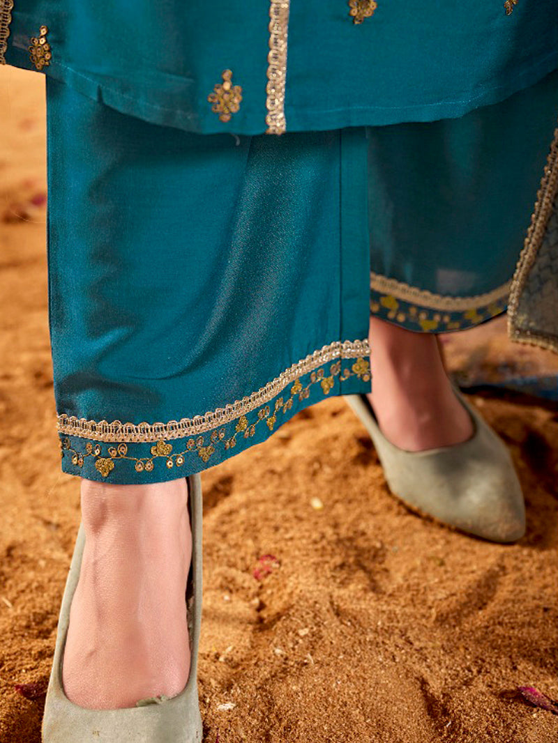 BulBul Women Teal Embellished Premium Silk Ethenic A-Line Kali Suit With Dupatta