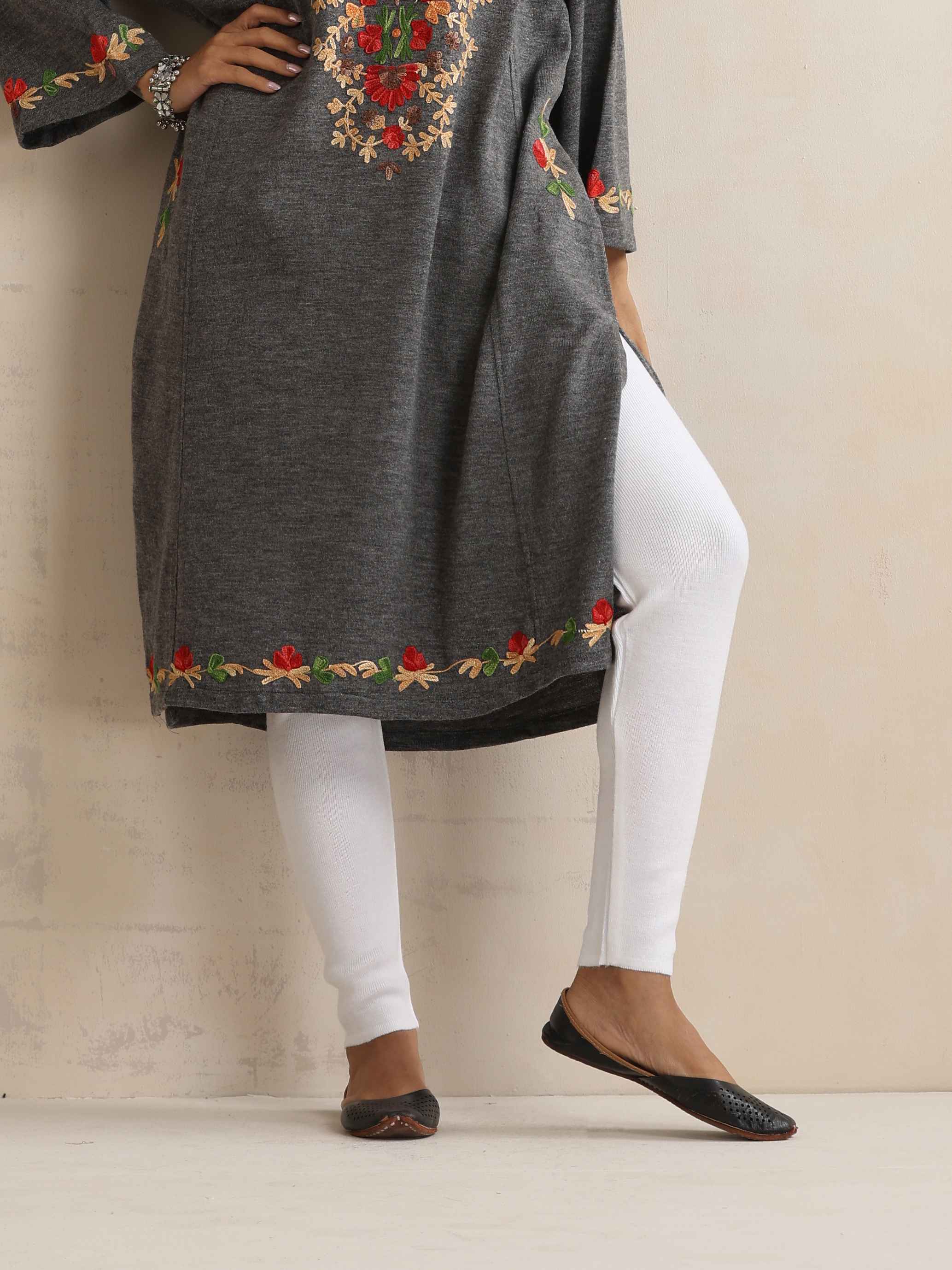 trueBrowns Grey Kashmiri Embroidered Woollen Phiran Kurta - Distacart